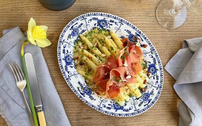 White Asparagus with Serrano Ham and a Hazelnut Dressing 