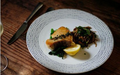 Chilean Sea Bass with Fried Choy Sum and Mushroom Salad 