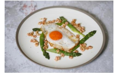 Fried Wild Gull’s Egg with Asparagus and Brown Shrimp