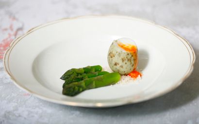 Soft Boiled Wild Gull’s Egg with Asparagus