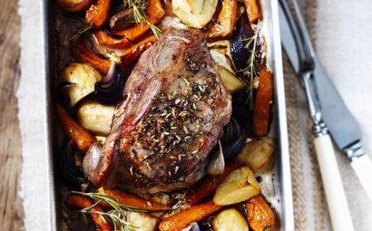 Herb-Roasted Leg of Lamb with Apricots, Walnuts and Almonds