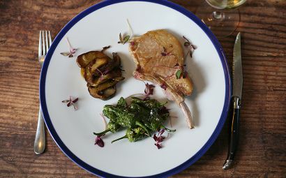 Iberico Pork Chops with Porcini Mushroom and Padron Peppers 