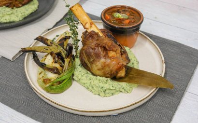 Braised Lamb Shanks with Cannellini Beans Mash & Calcot Onions