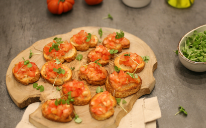 Merinda Tomato Bruschetta with Micro Basil