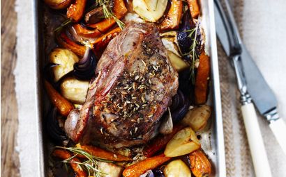 Herb-Roasted Leg of Lamb with Apricots, Walnuts and Almonds