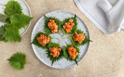 Salmon Tartare with Finger Lime and Shiso Leaves 