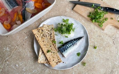 Soused Mackerel with Micro Celery & Creme Fraiche