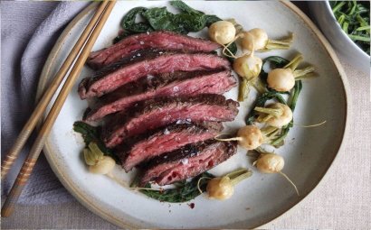 Wagyu Bavette with Miso-Glazed Baby Turnips 